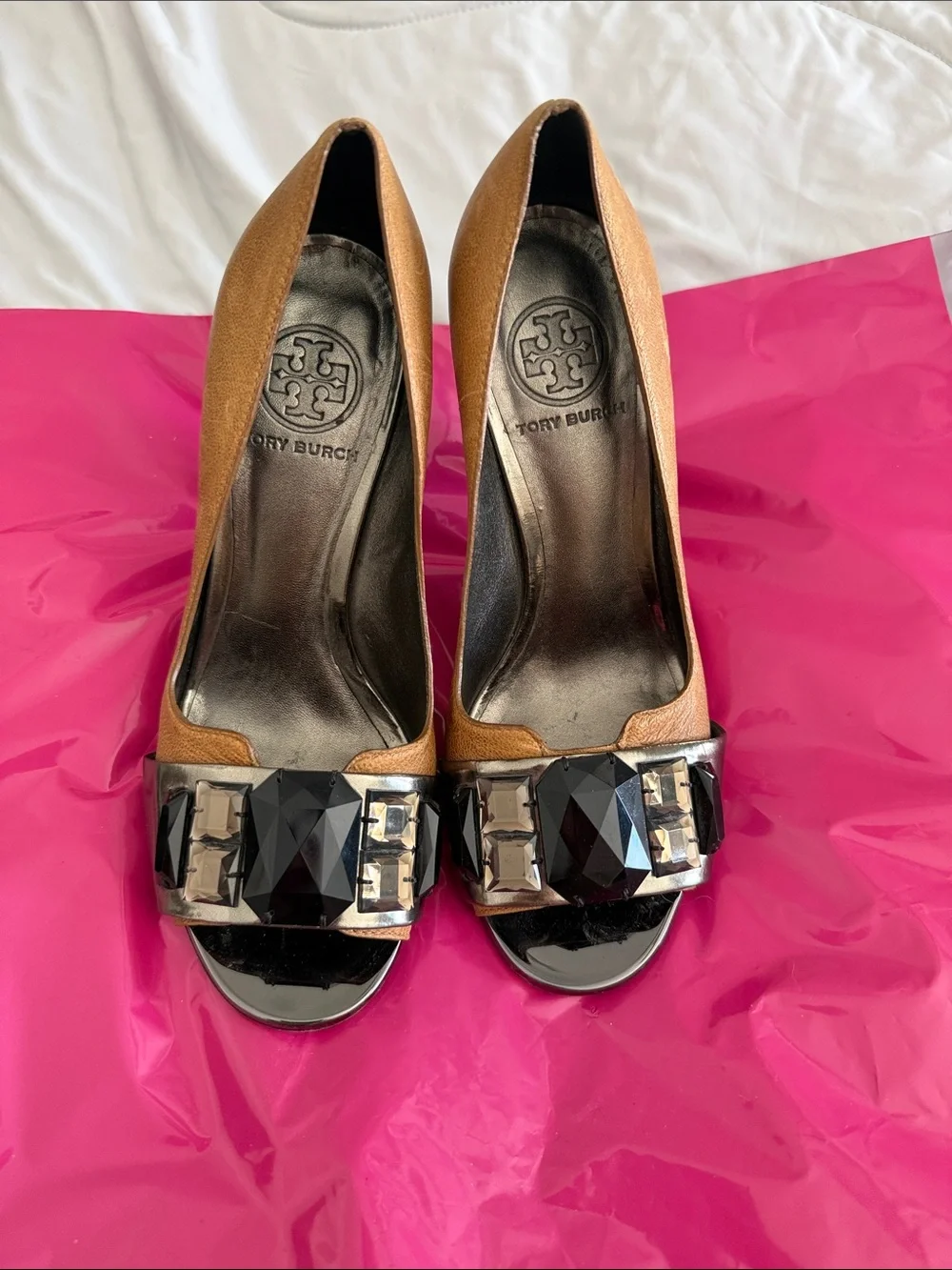 Tory Burch Brown Leather Peep-Toe Heels with Black Faceted Gems